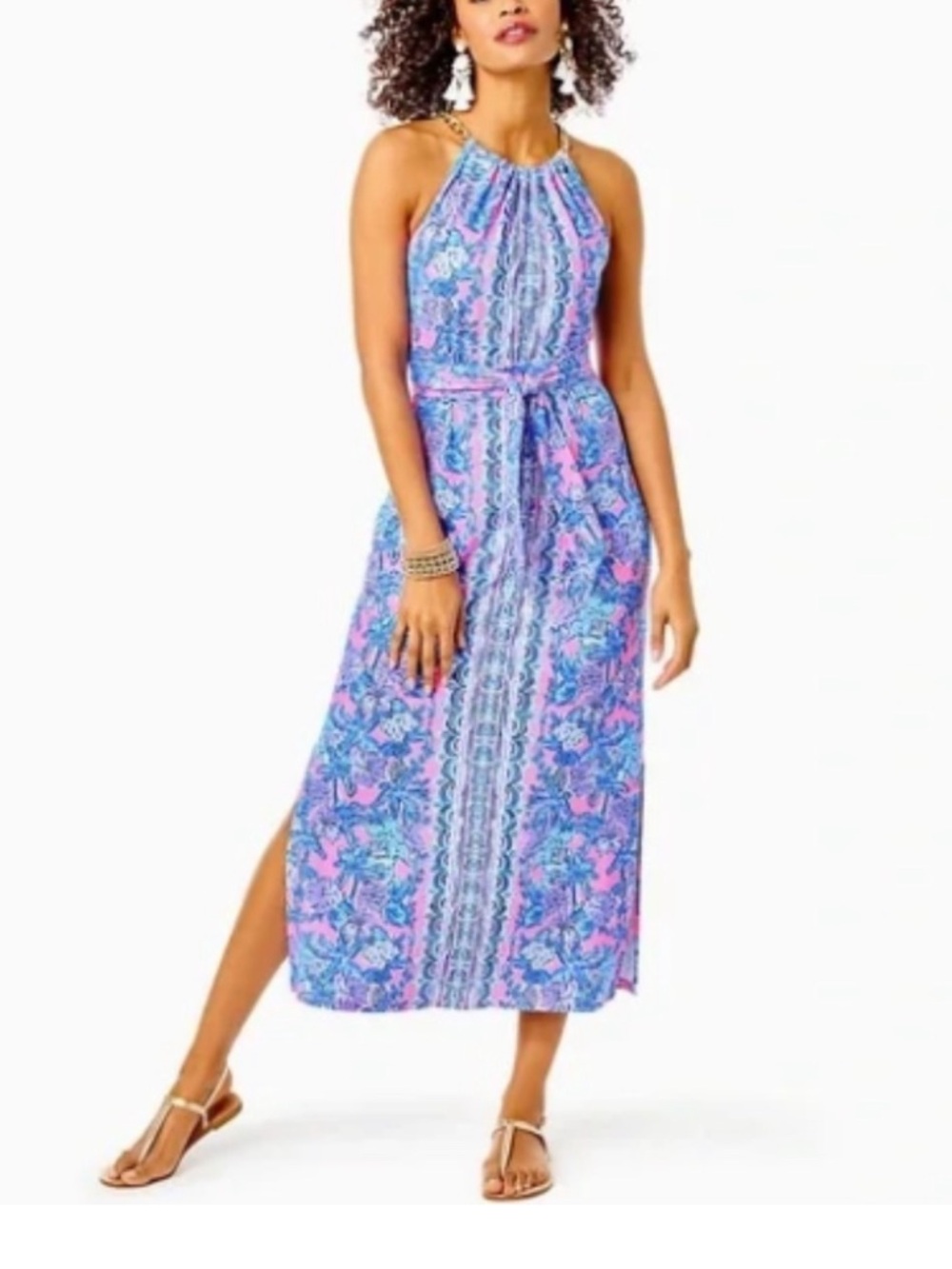 Lilly Pulitzer Bingham Halter Midi Dress Soleil Pink Palm Paradise - Picture 2 of 7